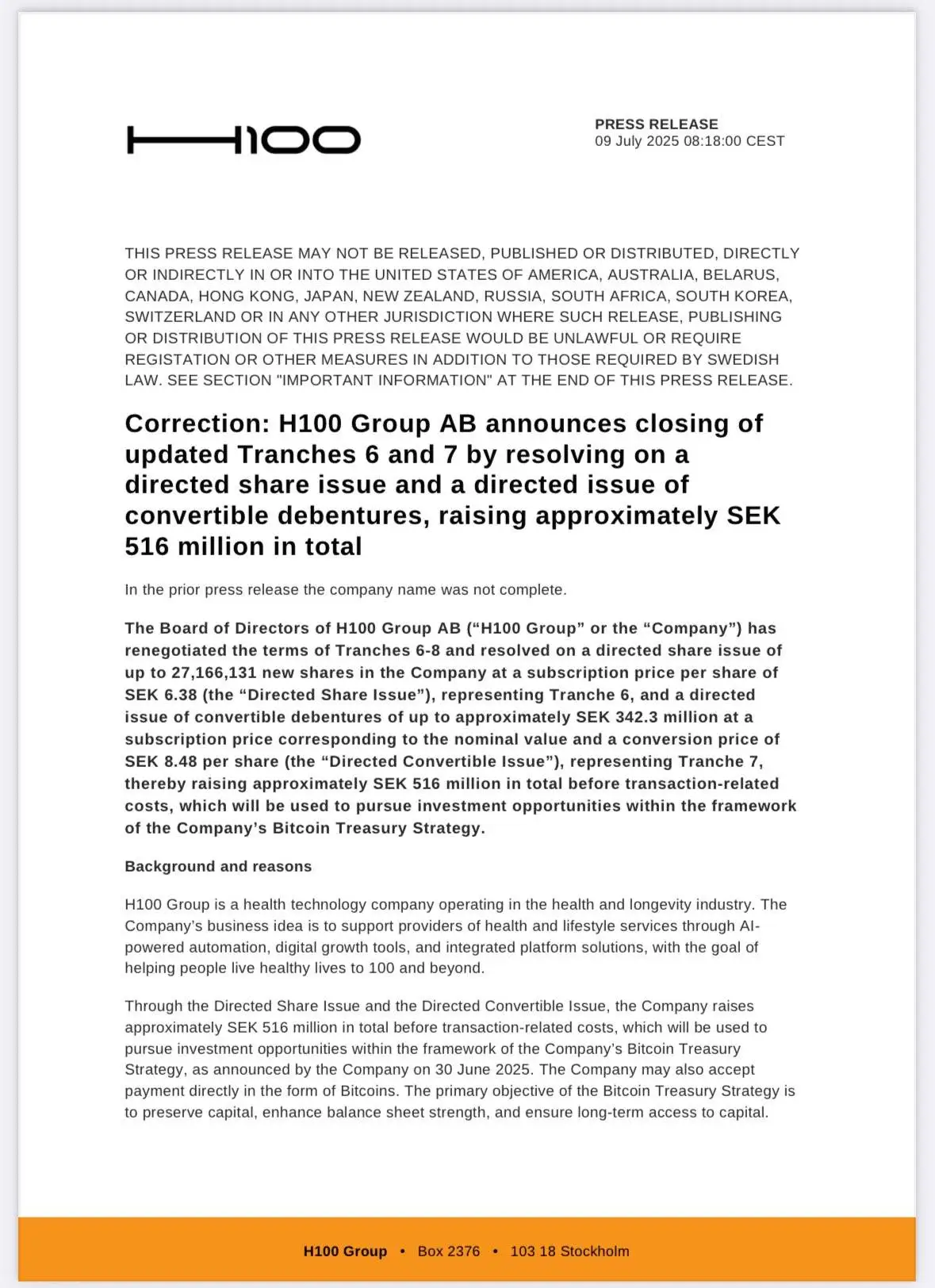 瑞典上市公司 H100 Group 完成 5400 万美元增资融资，专项资金用于比特币链上储备部署