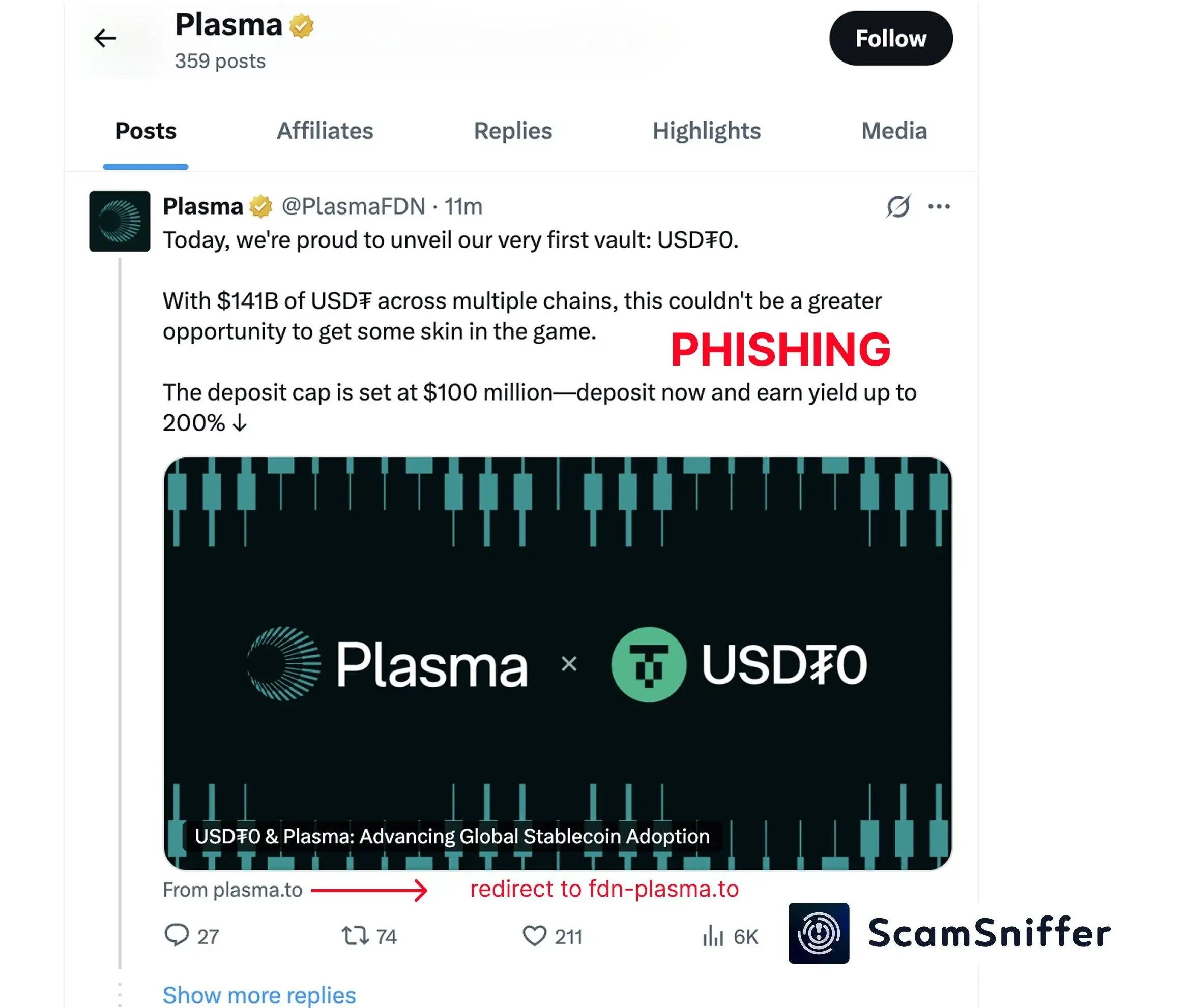 Plasma X官方账号遭入侵发布钓鱼推文 Scam Sniffer警示风险