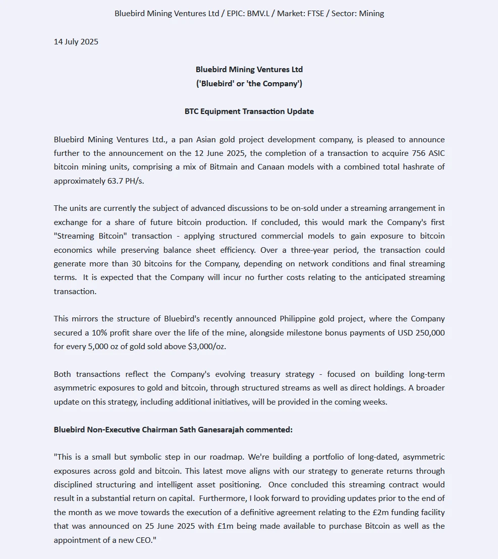 英股上市公司Bluebird Mining完成756台ASIC矿机交付部署