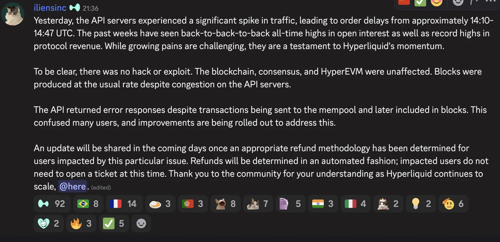 Hyperliquid API服务器异常流量事件及退款方案公告