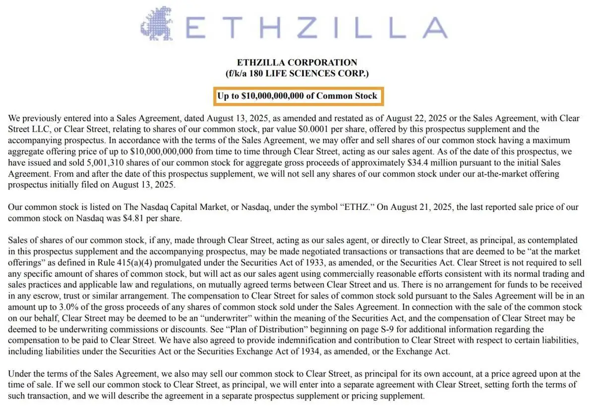 ETHZilla修订协议募集10亿美元用于增持ETH