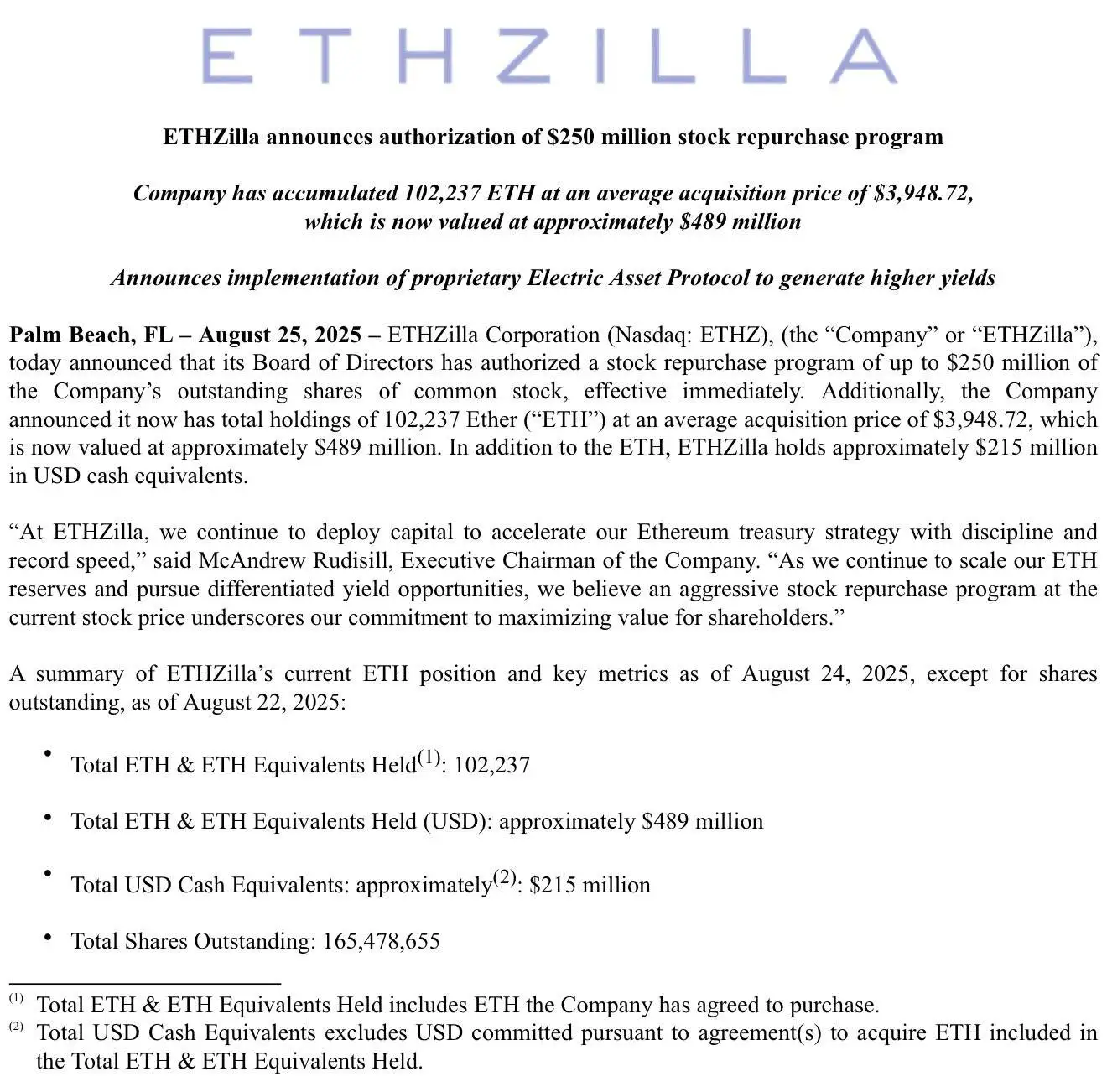 ETHZilla启动2.5亿美元股票回购计划，强化以太坊资产储备
