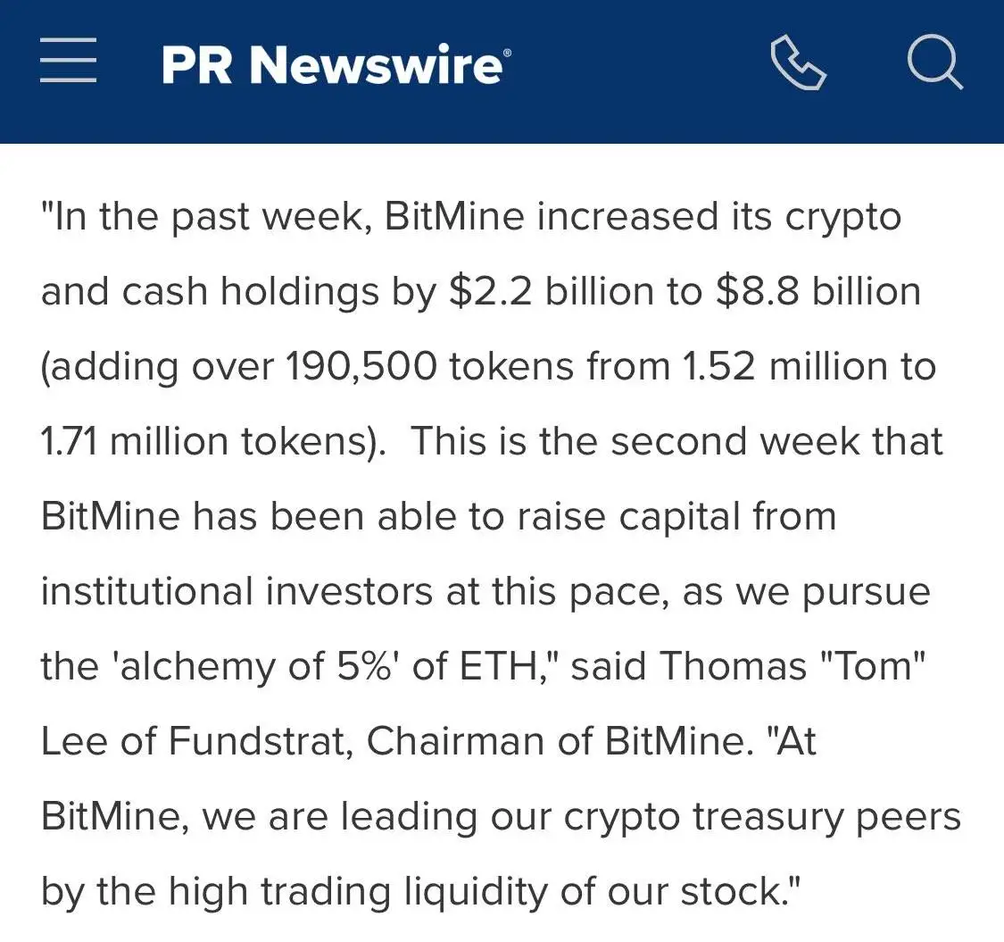 Bitmine加密资产持仓突破88亿美元 连续两周增持19万ETH