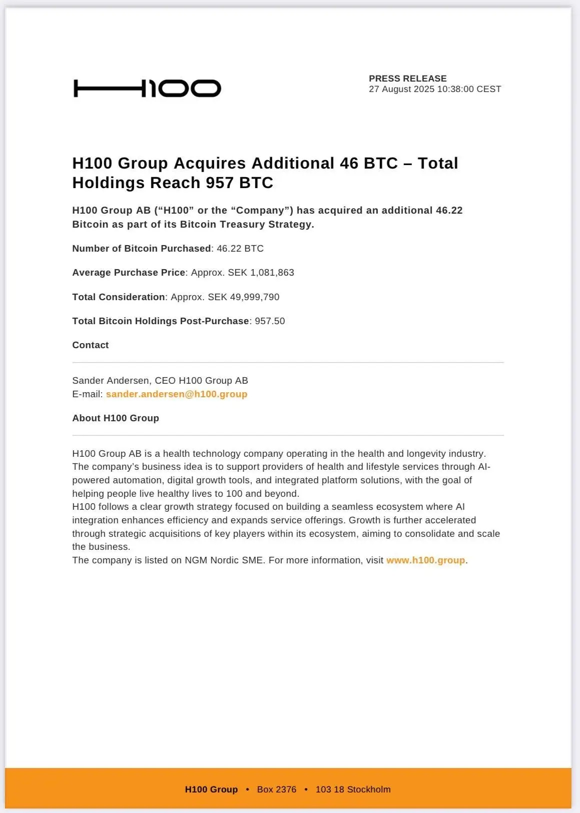 瑞典公司H100 Group增持比特币至957枚