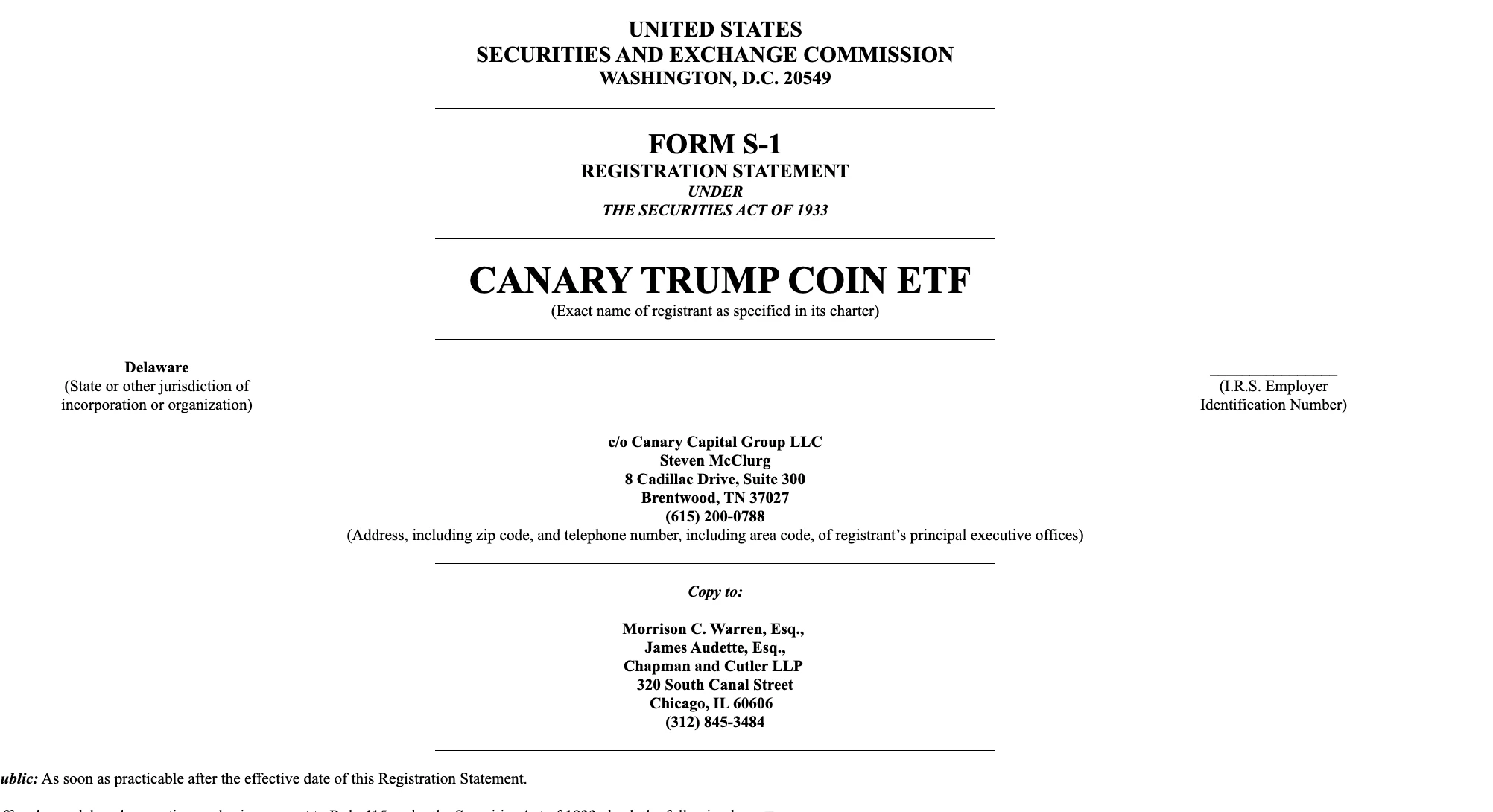 Canary Capital提交TRUMP ETF发行申请