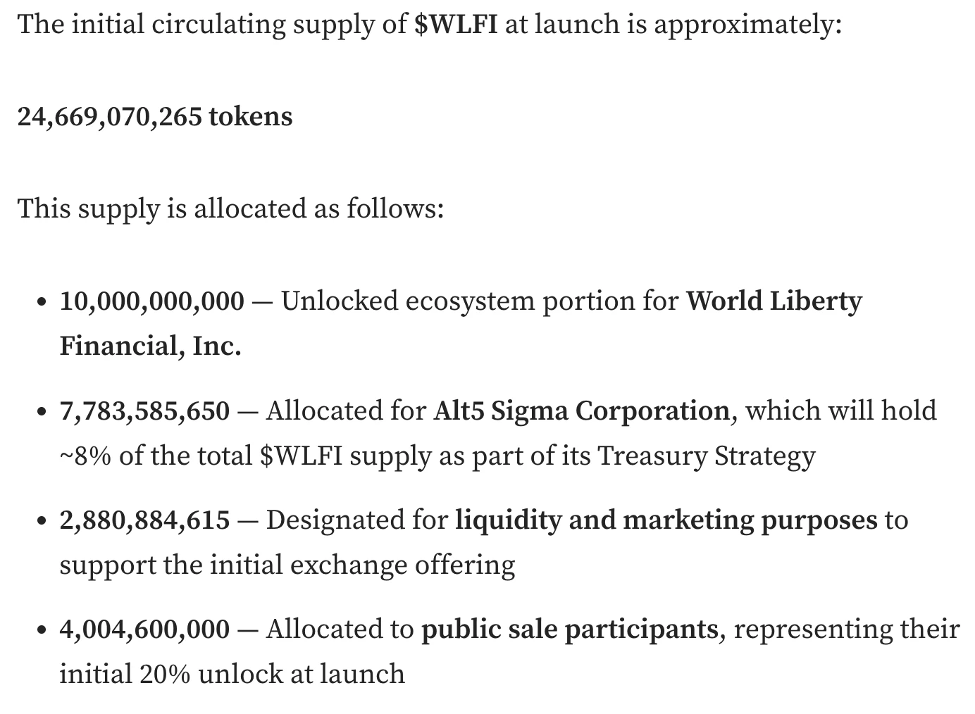 World Liberty Financial公布WLFI代币发行计划：246.69亿枚供应分配方案揭晓